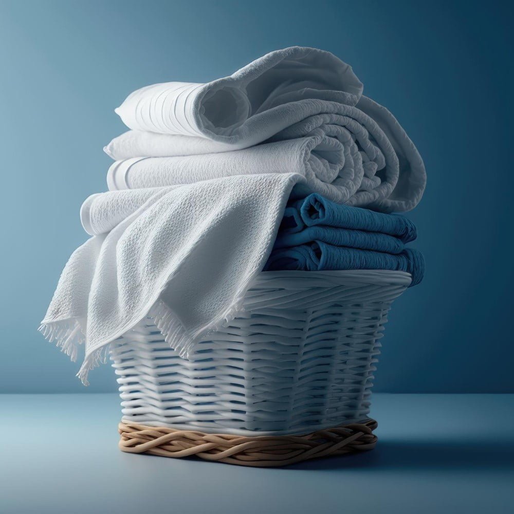 stack-fresh-clean-towels-wicker-basket-table-ai-generation stack fresh clean towels wicker basket table ai generation